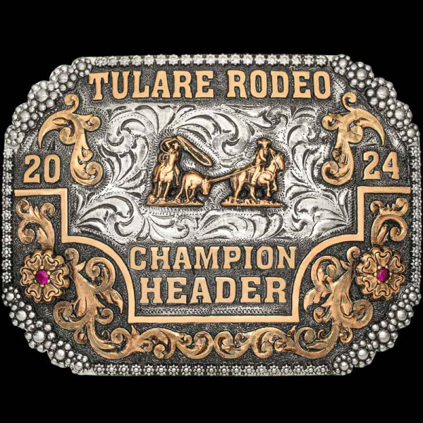 The Rainier Custom Belt Buckle is a show stopper for any cowboy or cowgirl outfit! 
Detailed with silver berry edge and bronze scrollwork. Personalize this hand engraved buckle now!